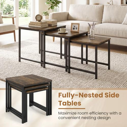 Giantex Nesting Coffee Table Set of 3, Small Center Tables for Living Room | Modern Coffee Table with Metal Frame, Space-Saving Stacking End Table for Small Space - color: Rustic Brown