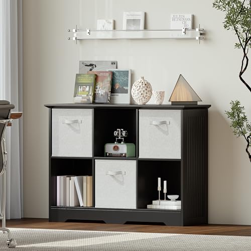 VORONOI 6 Cube Storage Organizer with 3 Fabric Drawers and Removable Shelves — Modular Cube Bookshelf for Bedroom, Living Room, or Home Office, Short Cube Bookcase for Toys, Decor,Black - color: Black, size: 6-Cube