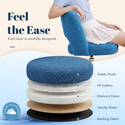 DurayLoly Vanity Chair with Wheels,Soft Teddy Fabric 6" Thick Cushion, Height Adjustable 17.5"–21.5", Open Back, 360° Swivel for Vanity Table, Home Office Dark Blue - color: Dark Blue