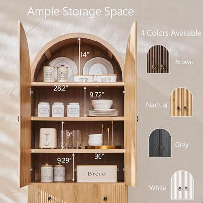 IFGET Fluted Arched Pantry Cabinet, 71" Tall Kitchen Storage Pantry Cabinet with Adjustable Shelves and 2 Large Drawers, Freestanding Morden Versatile Cupboard for Living Room, Bathroom, Natrual - color: Natural