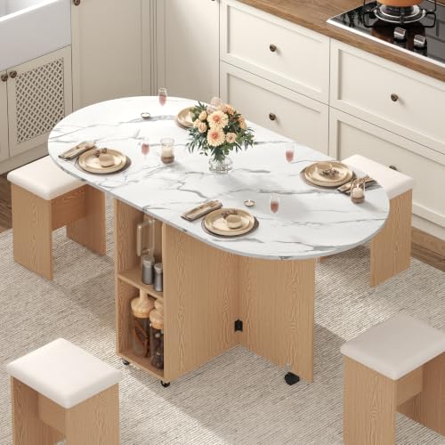 60" Extendable Drop Leaf Dining Table Set with 4 Leather Chairs,Storage,5 Pcs Oval Foldable Kitchen Table and Chairs Set for 4-8 People,6 Wheels,Folding Table Set for Small Space Saving,White Marble - color: White Marble