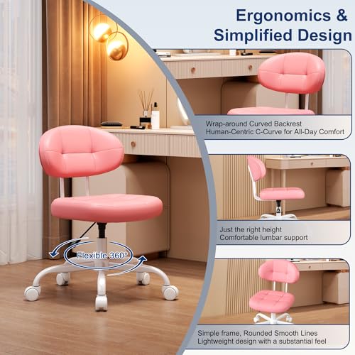 Misolant Vanity Chair with Back, Small Armless Cute Office Chair with Wheels and Lumbar Support, Comfy PU Leather Desk Computer Chairs with Adjustable Height, 360°Swivel for Home Bedroom Office, Pink - color: Pink