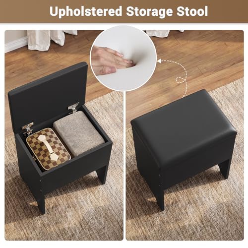 Corner Vanity Desk with Lighted Mirror, Makeup Vanity with Lights and Charging Station, Vanity Set with Mirror and Storage Stool, Makeup Table with Drawers, Rotating Shelves, Black - style: Modern Black