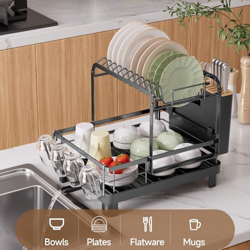 Runnatal 2-Tier Dish Drying Rack, Large Dish Drainers for Kitchen Counter | Anti-Rust Dish Rack with Drainboard, Utensil Holder, Extra Cup Holder, Black - color: Black, size: 2-Tier