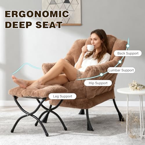 Modern Lazy Chair with Ottoman Lounge Accent Reading Chair for Living Room | Foldable Footstool,Removable Cover,Soft Padded Seat & Backrest,Upholstered Comfy Chair for Bedroom,Dorm,Office,Small Space - color: Plush Brown