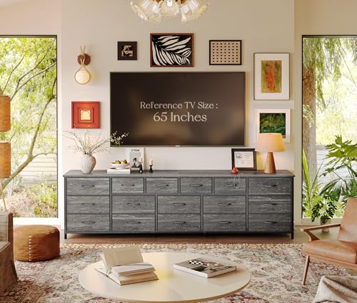 Huuger 77.6" Long Dresser for Bedroom, 16 Drawer Fabric Dresser for Closet, Wide Chest of Drawers with Storage, TV Stand for 65, 75, 85 Inch TV, 77.6" W x 13" D x 26.4" H, Charcoal Black - color: Charcoal Black Wood Grain Print