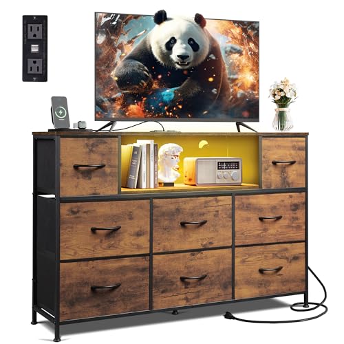 WLIVE LED Dresser TV Stand for 55 Inch TV, 8 Drawers, Rustic Brown | Fits TVs up to 55 inch, 8 fabric drawers, LED chest of drawers, Built-in power outlet, Living room or bedroom - color: Rustic Brown
