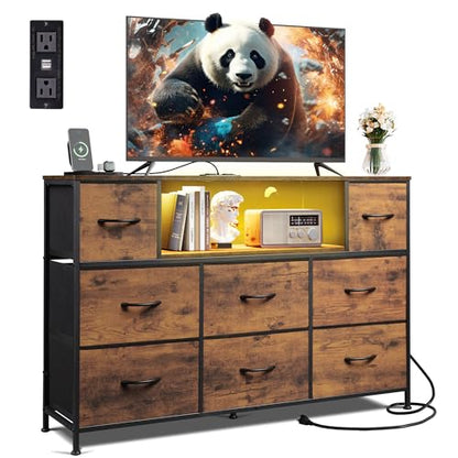 WLIVE LED Dresser TV Stand for 55 Inch TV, 8 Drawers, Rustic Brown | Fits TVs up to 55 inch, 8 fabric drawers, LED chest of drawers, Built-in power outlet, Living room or bedroom - color: Rustic Brown