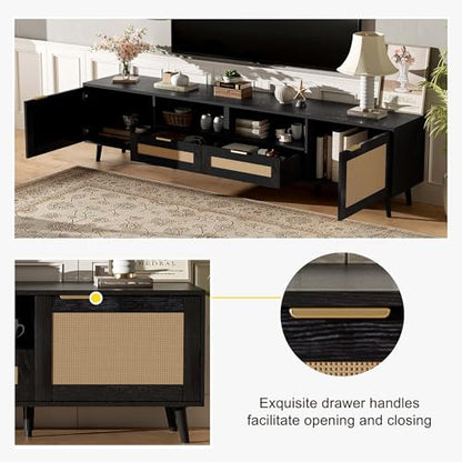 Modern Black Rattan TV Stand for 85 inch TV, 79 inch Farmhouse Media Console with Solid Wood Legs and Cable Management, Large Entertainment Center with Storage Cabinets for Living Room - color: Black
