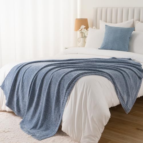 BATTILO HOME Blue Grey Chenille Throw Blanket for Couch, 51"x67" | Shiny Chenille Blanket, Blue Knit throw Blanket, Soft & Breathable, Summer Throw for Couch, Bed & Sofa - color: Bluish Grey