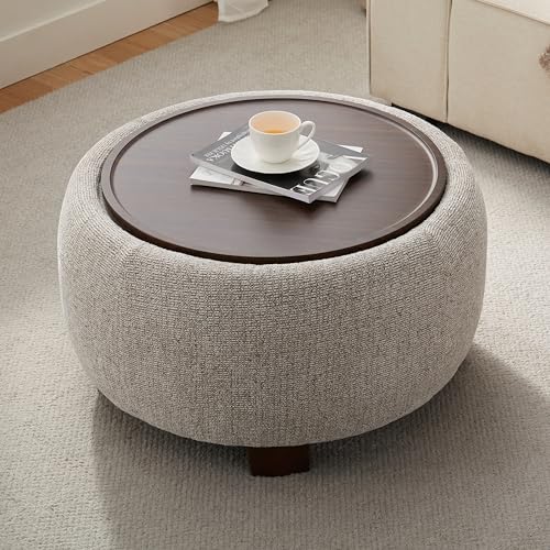 VKNOW 30" Round Storage Ottoman, Ottoman Coffee Table with Removable Wood Top and Solid Wood Legs for Living Room, Bedroom, Apartments(Brown) - color: Brown