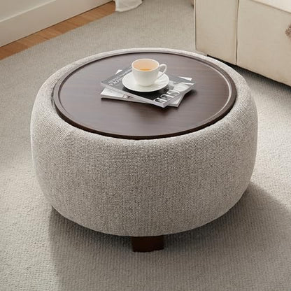 VKNOW 30" Round Storage Ottoman, Ottoman Coffee Table with Removable Wood Top and Solid Wood Legs for Living Room, Bedroom, Apartments(Brown) - color: Brown