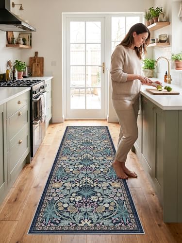 2x6 Non-Slip Runner Rug for Kitchen: Machine Washable Floral Boho Carpet Runners for Bathroom Botanical Indoor Mats for Bedroom Hallway Entryway Laundry - 6ft Low Pile Soft Rugs 2x6 Dark Green - color: Blue, size: 2' x 6' (Runner)