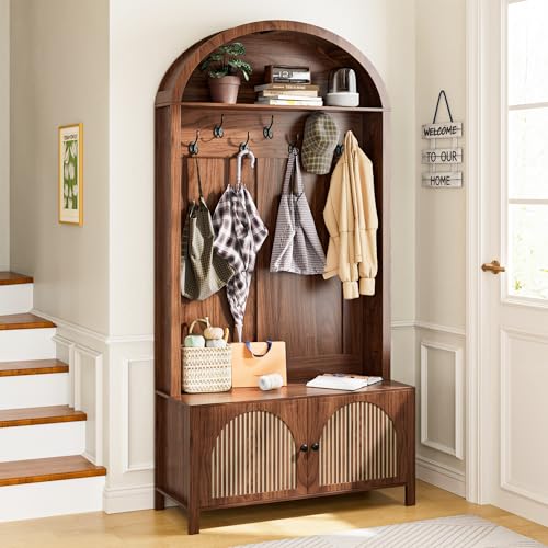 Mxtxmy Hall Tree with Bench and Shoe Storage 78.74" Coat Rack with 7 Hooks | Farmhouse Entryway Bench with Adjustable Shelf,4-in-1,Tall Hall Tree with Arch Storage Cubby Furniture Organizer for Hallway - size: 78.74"H