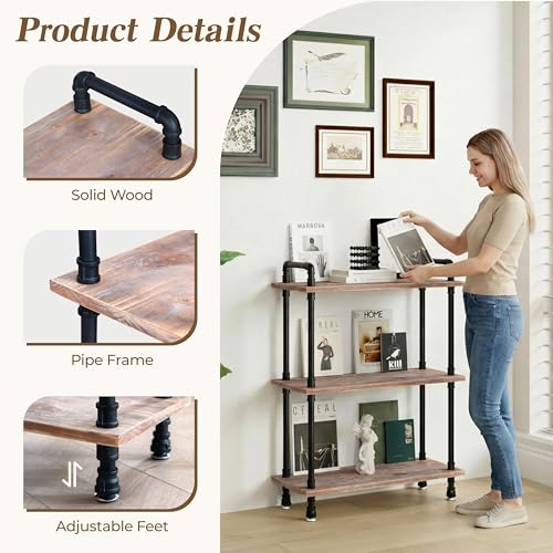 Industrial Bookshelf, Pipe Shelf Bookcase, 3 Tier, 30" Weathered Brown | Solid pine shelves, 30 inch wide, black pipe frame, 35 lbs per shelf, open bookcase for books, plants, office - color: Weathered Brown, size: 30"L × 39"H
