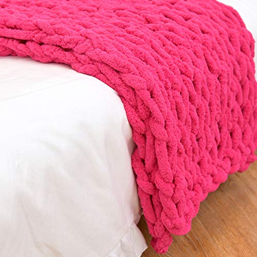 Handmade Chunky Knit Blanket Hot Pink, Knitted Blankets Chunky Soft Cozy Chenille Casual 6CM Wide Knitted Warm Knitting Throw for Bedroom Decor Chair Sofa Pet Mat-24x24inch - color: Hot Pink, size: 24x24inch