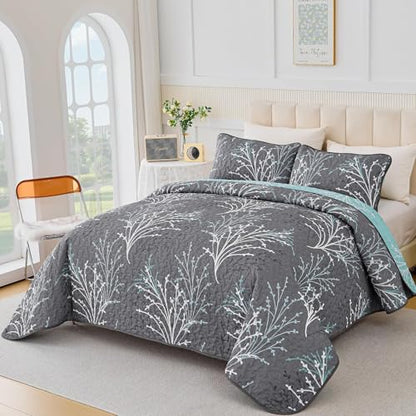 DJY Blue and Grey Reversible Comforter Set with Quilt Set Branch Flroal Pattern Bedding Set