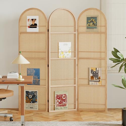 Rattan Room Divider with Bookshelf,Foldable Privacy Screen Partition,Wooden Frame,Natural Portable for Living Room,Bedroom Home,Office Reading Nook (Natural, 3 Panels) - color: Natural