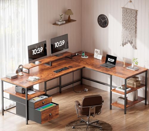 Furologee 66” L Shaped Desk with Power Outlet, Reversible Home Office Desk with File Drawer, 2 Monitor Stands, Storage Shelves, Corner Computer Table for Gaming, Writing, Rustic Brown - color: Rustic Brown, size: 66 Inch