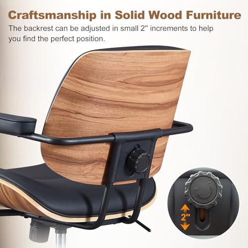 Mid Century Modern Office Chair with Armrest and Adjustable Backrest, Black | Wooden frame with armrests & adjustable backrest, swivel & height-adjustable, PU leather seat for home office comfort - color: Black