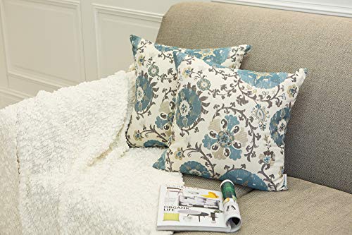 Pack of 2 Jacquard Circle Floral Pillow Case, Cream Blue | Decorative Pillow Cover, For 22X22 Inserts - color: 22x22 Blue