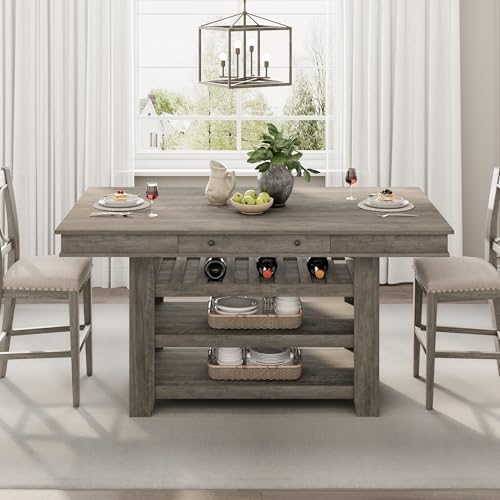 IDEALHOUSE 60" Wood Dining Table for 4-6, Counter Height Kitchen Table with Wine Rack and 2 Drawers, Open Shelves and Sturdy Legs, 4-Tier Stationary Kitchen Island for Dining Room and Kitchen - color: Grey
