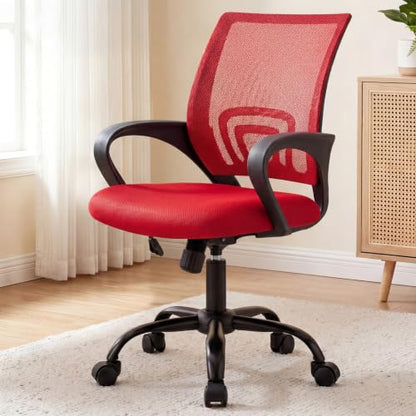 DUMOS Ergonomic Home Office Chair, Executive Mesh Desk Chair | Height Adjustable, Lumbar Support, Breathable Mid Backrest, Fixed Armrest, Rolling Wheels, Computer Gaming, Meeting, Red - color: Red