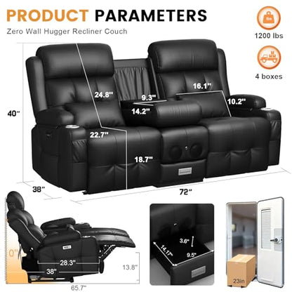 Home Theater Seating, Power Loveseat Recliner Sofa with Massage & Heat | Wall Hugger Reclining Loveseat with USB, RV Couch with LED Lights, Flip Backrest, Cup Holders for Movie Theater, Gaming Room - color: Black, size: 72" - 2 Seats