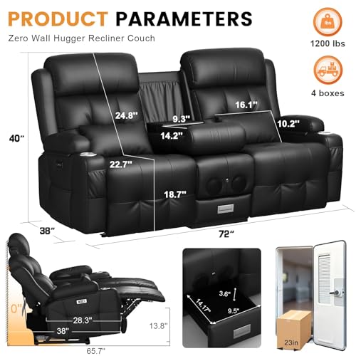 Home Theater Seating, Power Loveseat Recliner Sofa with Massage & Heat | Wall Hugger Reclining Loveseat with USB, RV Couch with LED Lights, Flip Backrest, Cup Holders for Movie Theater, Gaming Room - color: Black, size: 72" - 2 Seats