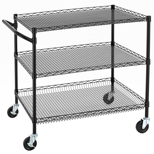 Finnhomy 3 Tier Heavy Duty Commercial Grade Utility Cart, Wire Rolling Cart with Handle Bar, Steel Service Cart with Wheels, Kitchen Carts on Wheels, Metal Cart Shelf Size 24" D x 36" W, NSF, Black - size: 36"L x 24"W x 35.4"H-3 Tier, style: Black Cart