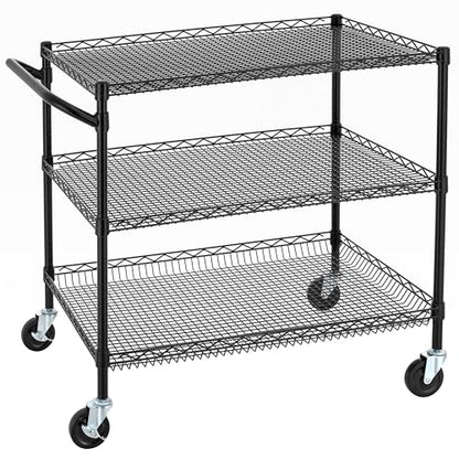 Finnhomy 3 Tier Heavy Duty Commercial Grade Utility Cart, Wire Rolling Cart with Handle Bar, Steel Service Cart with Wheels, Kitchen Carts on Wheels, Metal Cart Shelf Size 24" D x 36" W, NSF, Black - size: 36"L x 24"W x 35.4"H-3 Tier, style: Black Cart