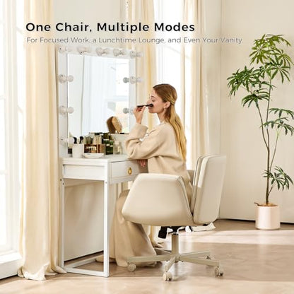 amseatec Criss Cross Office Chair, Swivel Makeup Vanity Chair with Wheels | Wide PU seat supports cross-legged, fidget-friendly sitting; 5-level armrests create pet space; wipe-clean finish eases care - color: Cream Beige