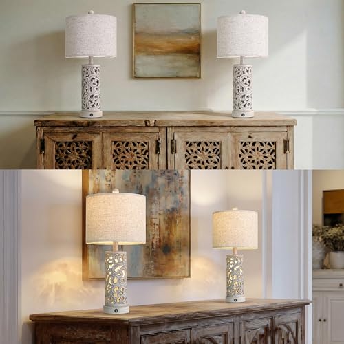 Bedside Table Lamps Set of 2 with Night Light, 22'' Distressed Grey | Bedroom Lamps for Nightstand,Hand-Carved Openwork,Built-in USB with Bulbs,Rustic Vintage Design,Ideal for Nursery Hallway - color: Vintage Grey