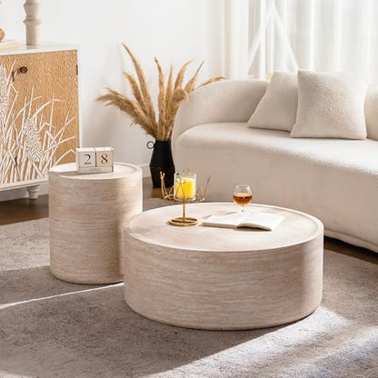31.5'' Modern Round Drum Coffee Table for Living Room Office, Light Marble Texture, MDF Construction, Living Room Accent Side Table Center Table, No Need Assembly - color: Natural, size: 32in