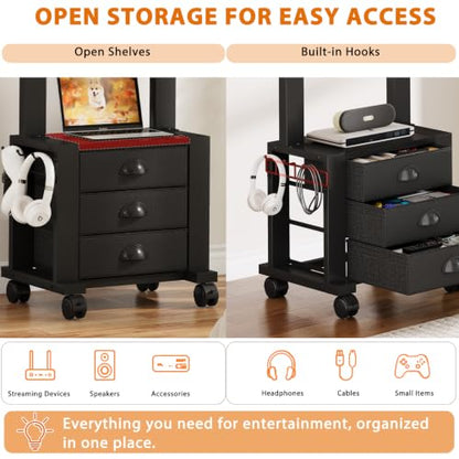 Rolling TV Stand with 3 Drawers for 23-60 Inch TVs with Storage | Hidden Storage, Height Adjustable Tilt Mount, Lockable Wheels, Dual Steel Frame, VESA Compatible for Bedroom & Living Room - size: 3 Drawers