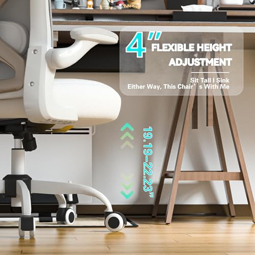 Ergonomic Home Office Chair, 4-Way Lumbar, Thick Cushion, 330LBS | Adjustable Lumbar (up/down/in/out), Rocking Mesh Back, Flip-up Arms, Easy Assembly, Ideal for home offices & small workspaces - color: White+champagne