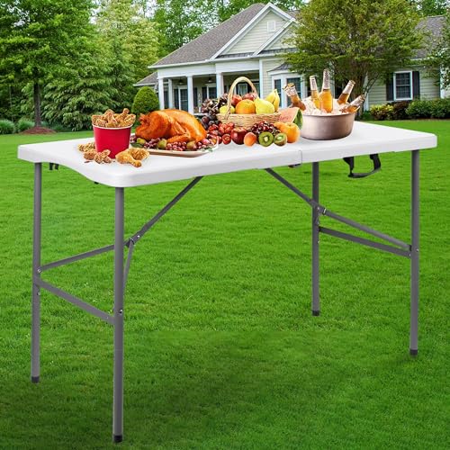 4 ft HDPE Folding Table with Carry Handle, Frame Locks, 330 lb Capacity | 24 x 48 x 29 in, alloy steel frame, weather- and scratch-resistant top, compact fold, indoor and outdoor use - size: 4ft Folding Table