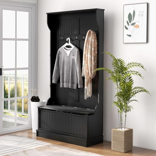 HOMCOM Hall Tree with Bench and Shoe Storage 3-in-1 Coat Rack Black | Slim Bench with Coat Rack, 4 Hooks, Flip Top Storage Compartment - color: Black, size: 38"