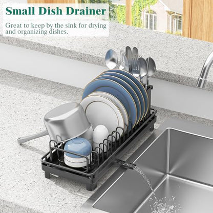 XYZLVSI Small Sink Dish Drying Rack, Compact Dish Drainer with Drainboard | Rustproof stainless steel sink dish rack ideal rv/camper, removable utensil holder, plate rack, fork & knives space saving