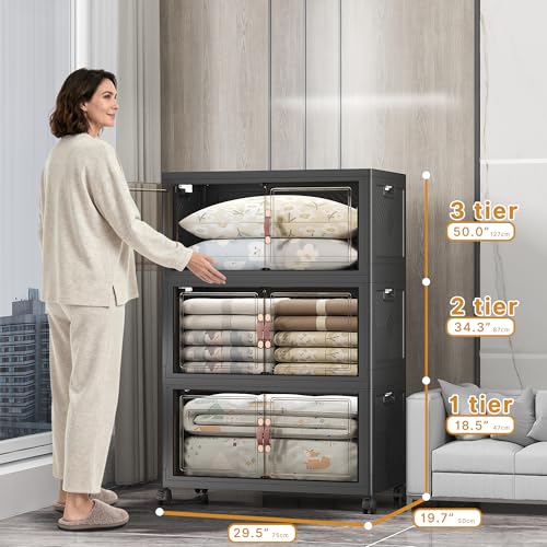 Stackable Storage Bins, 1050QT Collapsible Drawers with 2 Lids | Large Capacity, Magnetic Door, Stack Lock, Rolling Wheels, Foldable Design, Organizers and Storage for Bedroom Dorm Garage - color: Dark-175QT, size: 6Pack with 2 top lids