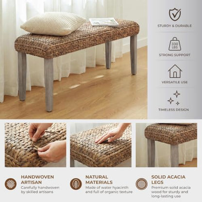 Solid Wood Acacia Indoor Bench, Natural Woven Water Hyacinth Seat, Grey Leg | Fishbone Style for Living Room or Entryway, Farmhouse Boho Coastal Bench - color: Fishbone - Grey Leg & Water Hyacinth
