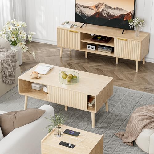 LCRBOL Coffee Table with Fluted Sliding Door, Modern, Natural | 39.3"L x 19.7"W x 17.1"H, double-sided sliding door & open shelf (7.5" clearance), golden knob, 5 tapered legs - color: Oak(lsj012-n)