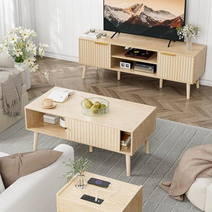 LCRBOL Coffee Table with Fluted Sliding Door, Modern, Natural | 39.3"L x 19.7"W x 17.1"H, double-sided sliding door & open shelf (7.5" clearance), golden knob, 5 tapered legs - color: Oak(lsj012-n)