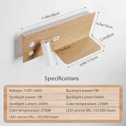 Modern LED Plug in Wall Sconce, Wall Light with Shelf and USB Charging Port, Rotatable Reading Spotlight & Soft Backlight, Plug-in or Hardwired Wall Lamp for Bedroom Bedside, Light Wood Grain Finish - size: 2-light Left Switch White