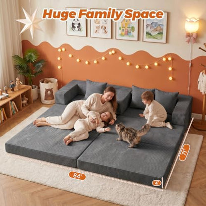 6-in-1 Tri-Folding Mattress | Cloud Boneless L-Shaped Modular Sectional Couches | Corduroy Pet-Friendly Convertible Futon Sofa Bed with 800LB Capacity Apartment, Guest Room, Game Room - color: Grey