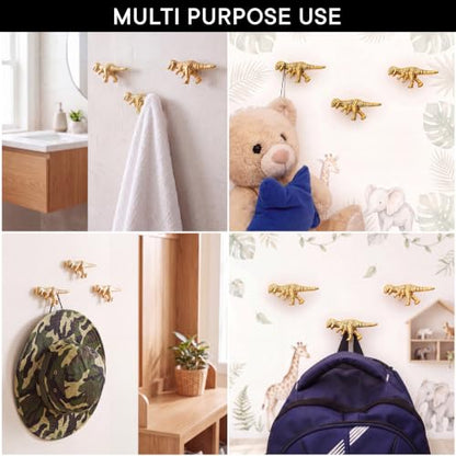 Indian Shelf Set of 3 Gold Dinosaur Wall Hooks for Coats, Bags and Hats - style: Tyrannosaurus