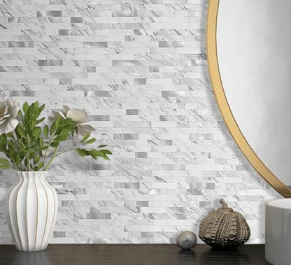 DICOFUN 10 Sheets Marble Look Peel and Stick Backsplash Wall Tile, PVC Kitchen Backsplash Peel and Stick in White, 9.4 sq.ft - color: White Stone and Metal Silver, size: 10 Sheets, 12’’x12’’x0.12’’