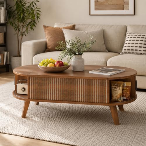 Oval Lift Top Coffee Table with Storage, 47.2" Mid Century Modern Fluted Coffee Table with Sliding Tambour Doors & Hidden Compartment, for Living Room Home Office, Walnut - color: Walnut Oval