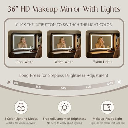 Aitjunz Vanity Desk with Mirror and Lights, 50” Modren Makeup Vanity with 35.43" Mirror and 5 Drawers, Makeup Table with Charging Station for Women and Girls, Bedroom (Brown) - color: Brown