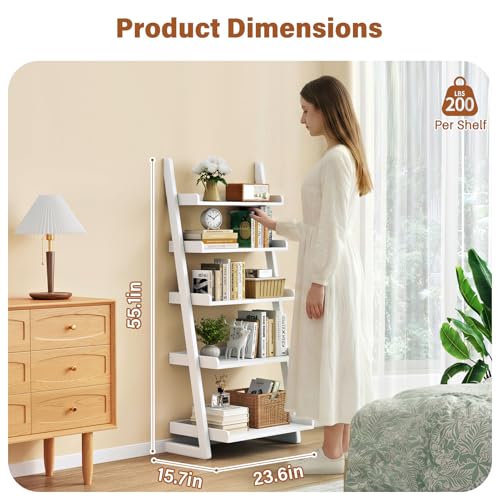 CozyDH Wooden Ladder Shelf, White Ladder Bookshelf Narrow 5-Tier,Ladder Shelf Bookcase Storage for Living Room, Bedroom, Home Office,23.6''Dx15.7''Wx55.1''H - color: White